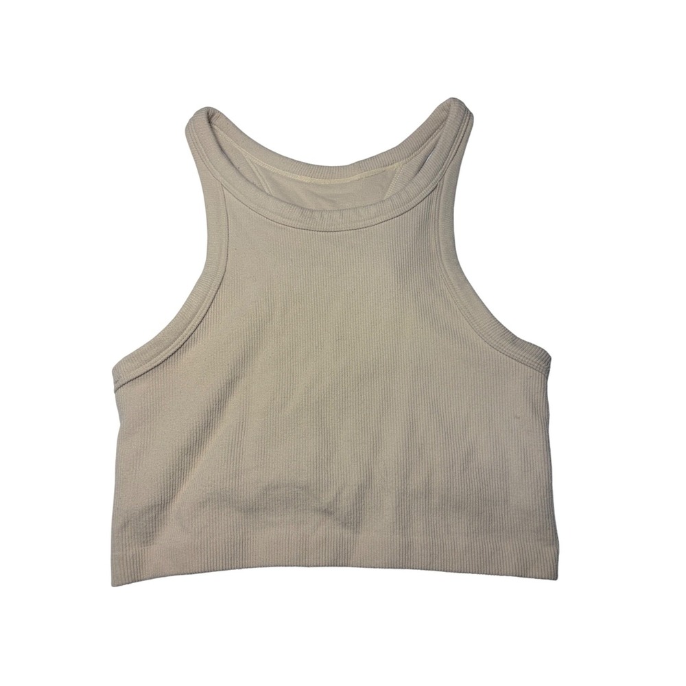 Buffbunny Collection Women Beige Ribbed Racerback Crop Tank Top - M